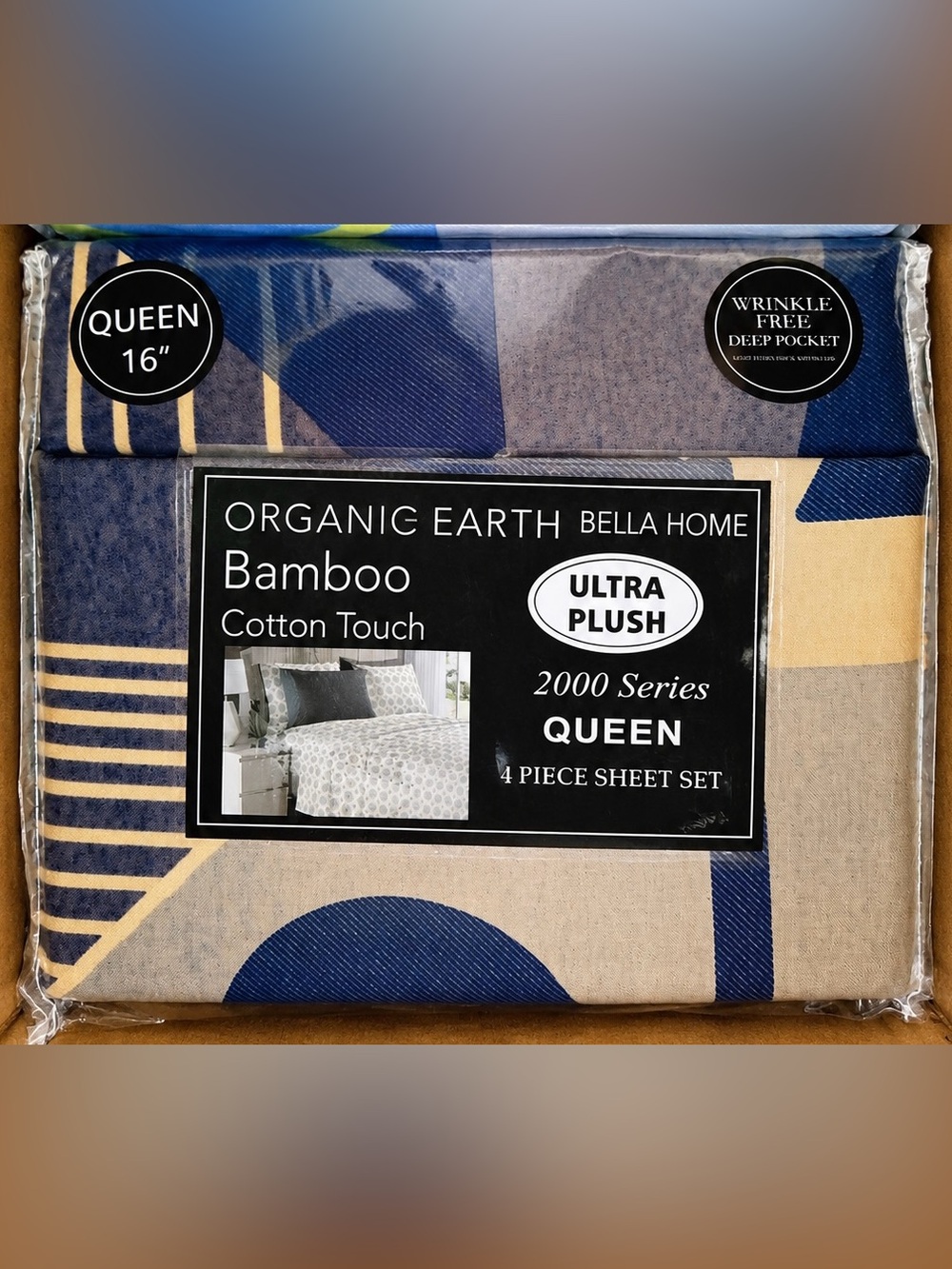 Unisex Bella Home Queen Blue Yellow Abstract Bamboo Cotton Sheet Set